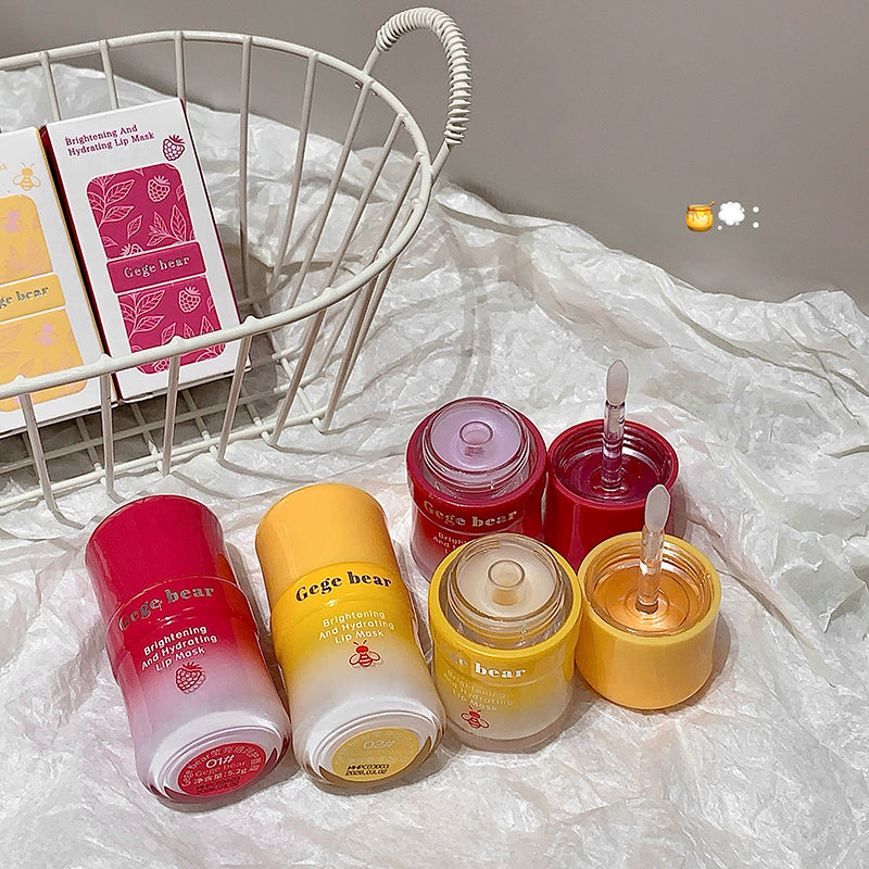 Set of Gege bear skincare products on a white surface with a basket in the background.