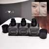 Three black cosmetic bottles with 'Gege bear' branding on a white surface, with a before and after comparison of skin on the top right corner.