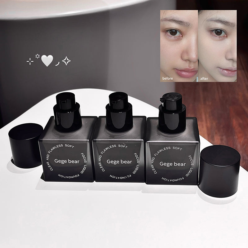 Three black cosmetic bottles with 'Gege bear' branding on a white surface, with a before and after comparison of skin on the top right corner.