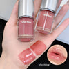 Two bottles of 'Gege bear' lip gloss on a hand with swatches and a close-up of lips.