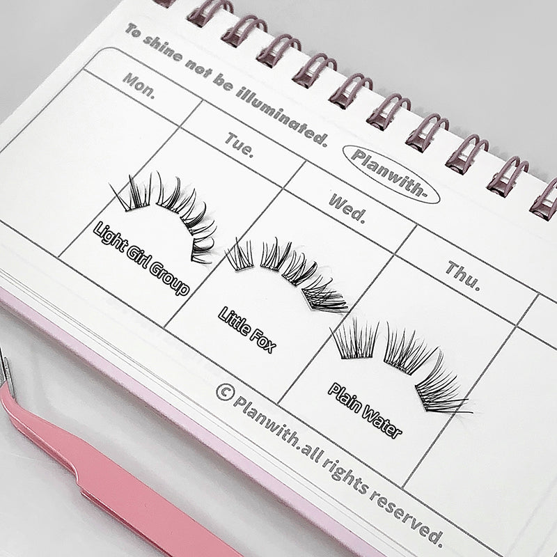 Calendar with false eyelash illustrations and a pink pair of tweezers on a light gray background