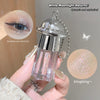 Eyeshadow product with glittery effect held by a hand, close-up of eye with application, and product packaging.