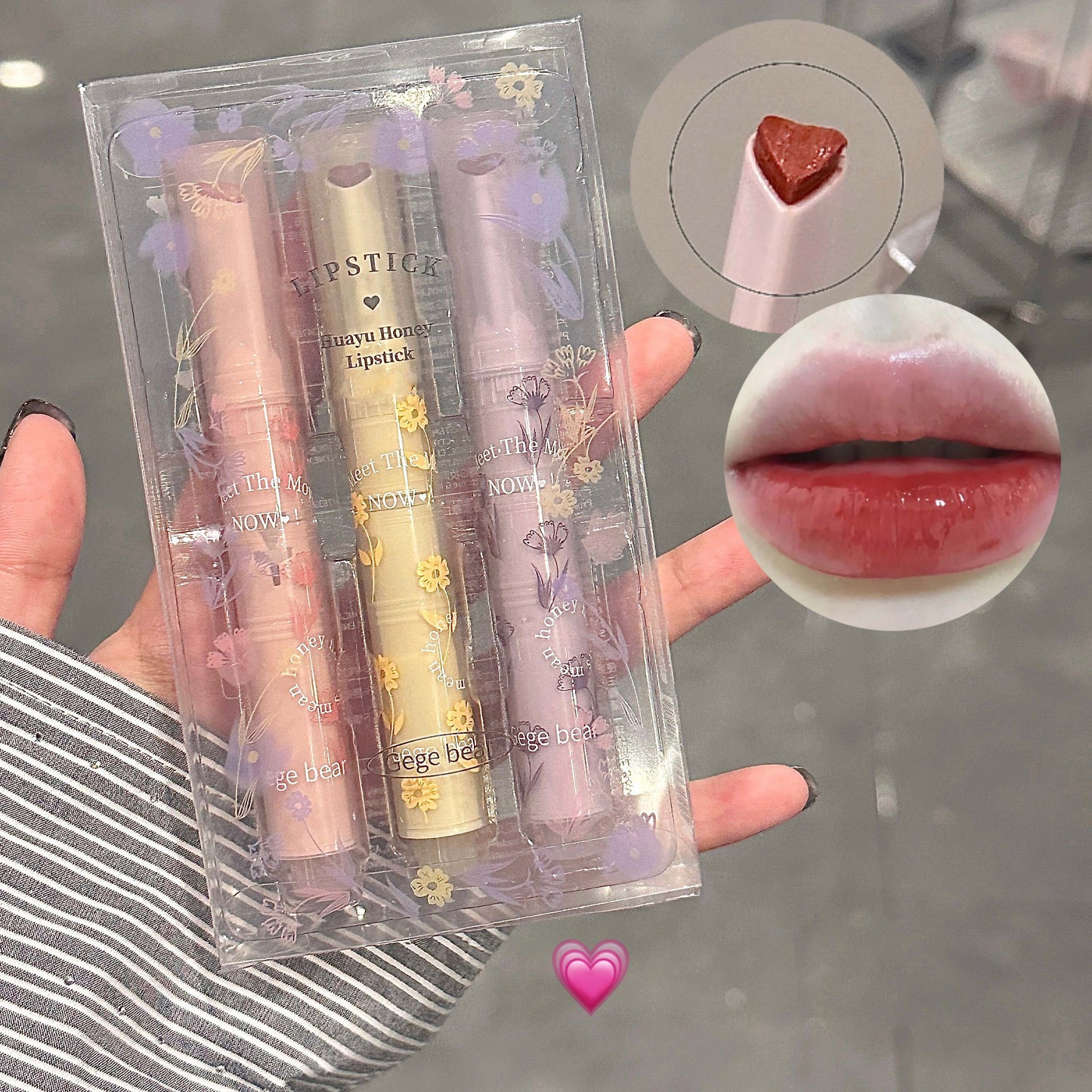 Set of lipsticks in a clear packaging with close-up shots of the lipstick and lips.
