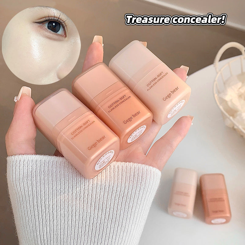 Hand holding three bottles of 'Gaga bear' treasure concealer with a close-up of an eye and product application.