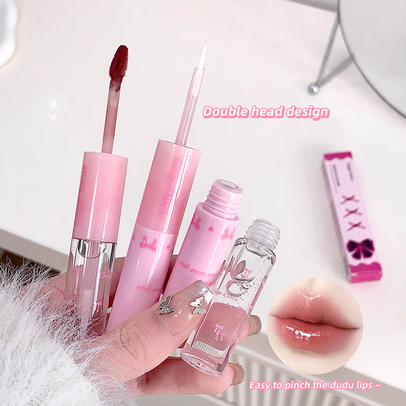 Pink lip gloss with double head design held by a hand, close-up of lips with product applied.
