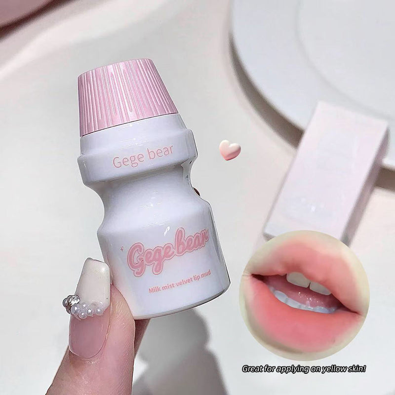 Gege bear lip mask bottle held by a hand with a close-up of lips wearing the product.