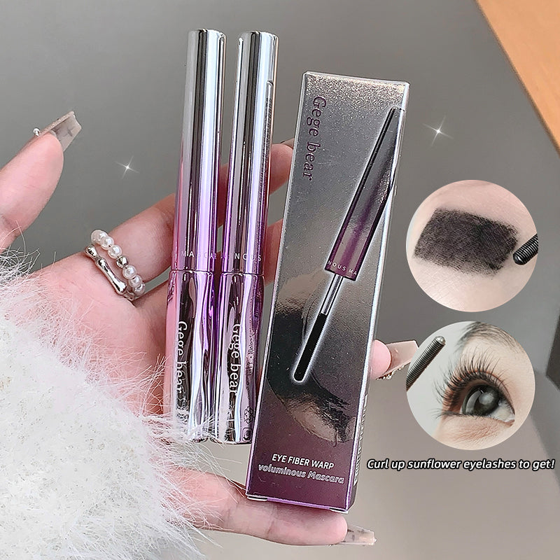Purple mascara with packaging held by a hand, showing close-ups of the product and application.