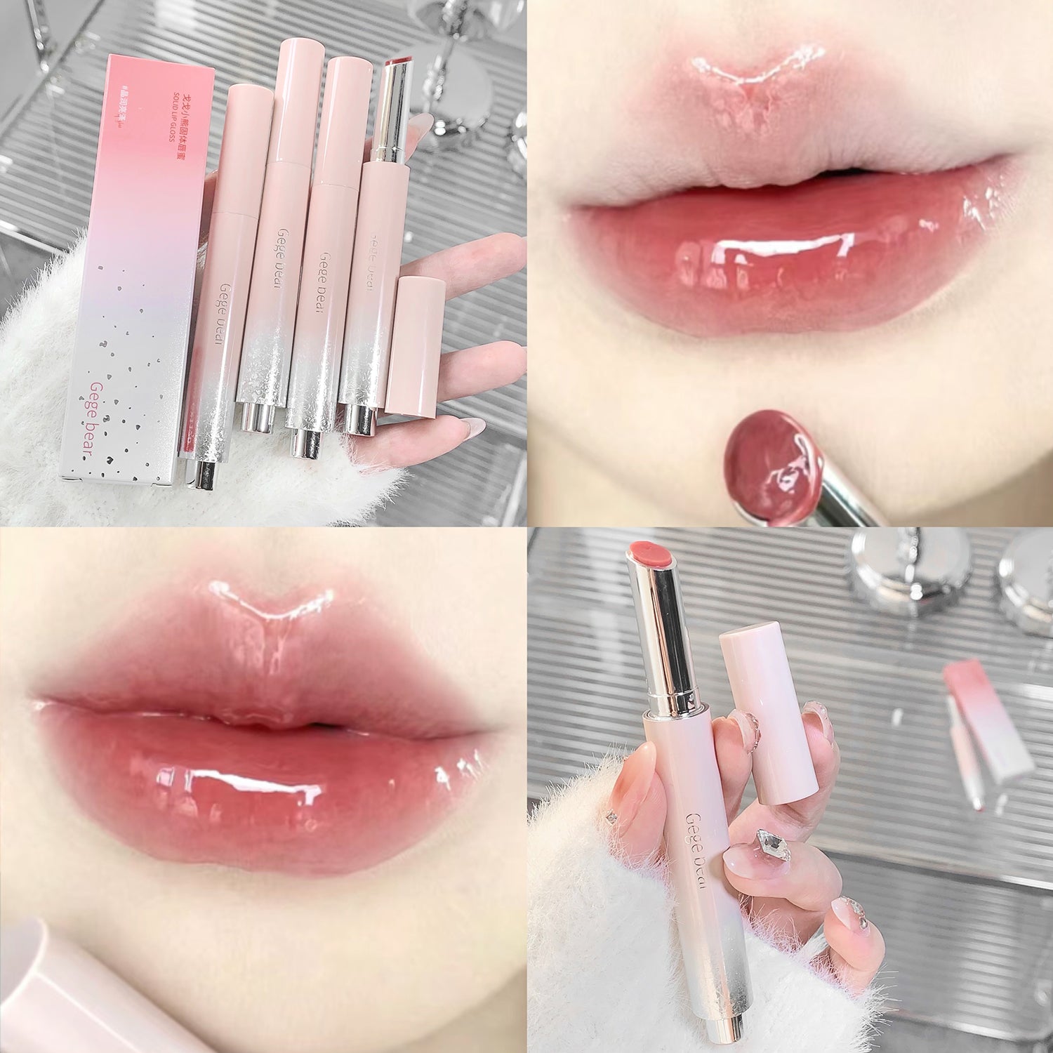 Collage of pink lip products including lipsticks and a lip gloss with close-ups of lips wearing the product.