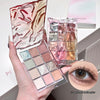 Makeup palette with colorful shades held by a hand, close-up of an eye with makeup, and a compact mirror.