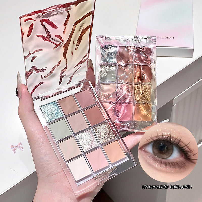Makeup palette with colorful shades held by a hand, close-up of an eye with makeup, and a compact mirror.