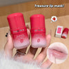 Two Gege Bear lip masks held by a hand with a close-up of lips wearing the product.