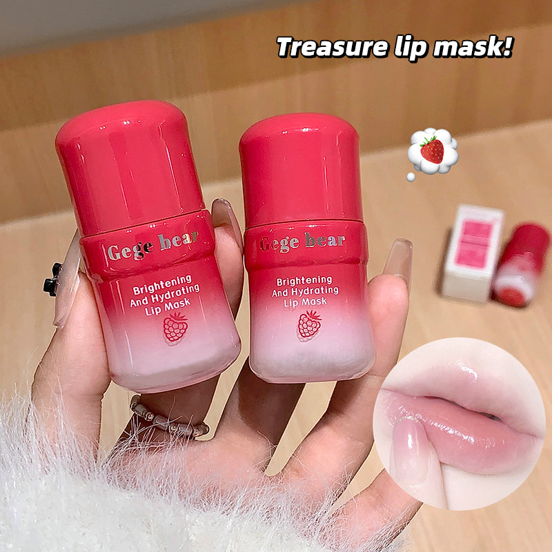 Two Gege Bear lip masks held by a hand with a close-up of lips wearing the product.