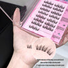 False eyelashes in a clear case held by a hand, with close-up of lashes and product details.