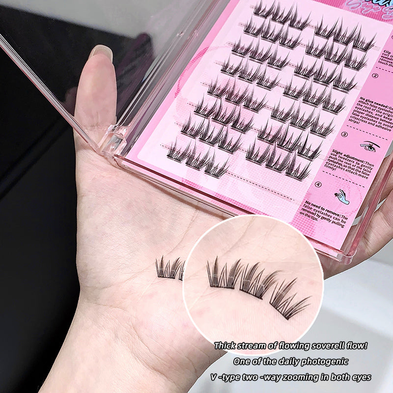 False eyelashes in a clear case held by a hand, with close-up of lashes and product details.