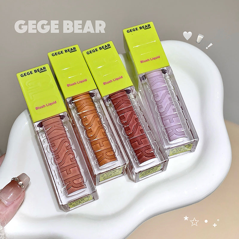 Three GEGE BEAR blush liquids in different shades on a white plate.