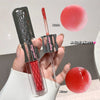 Lip gloss with 'Gegg bear' branding held in a hand, showing 'Matte' and 'Mirror' effects.