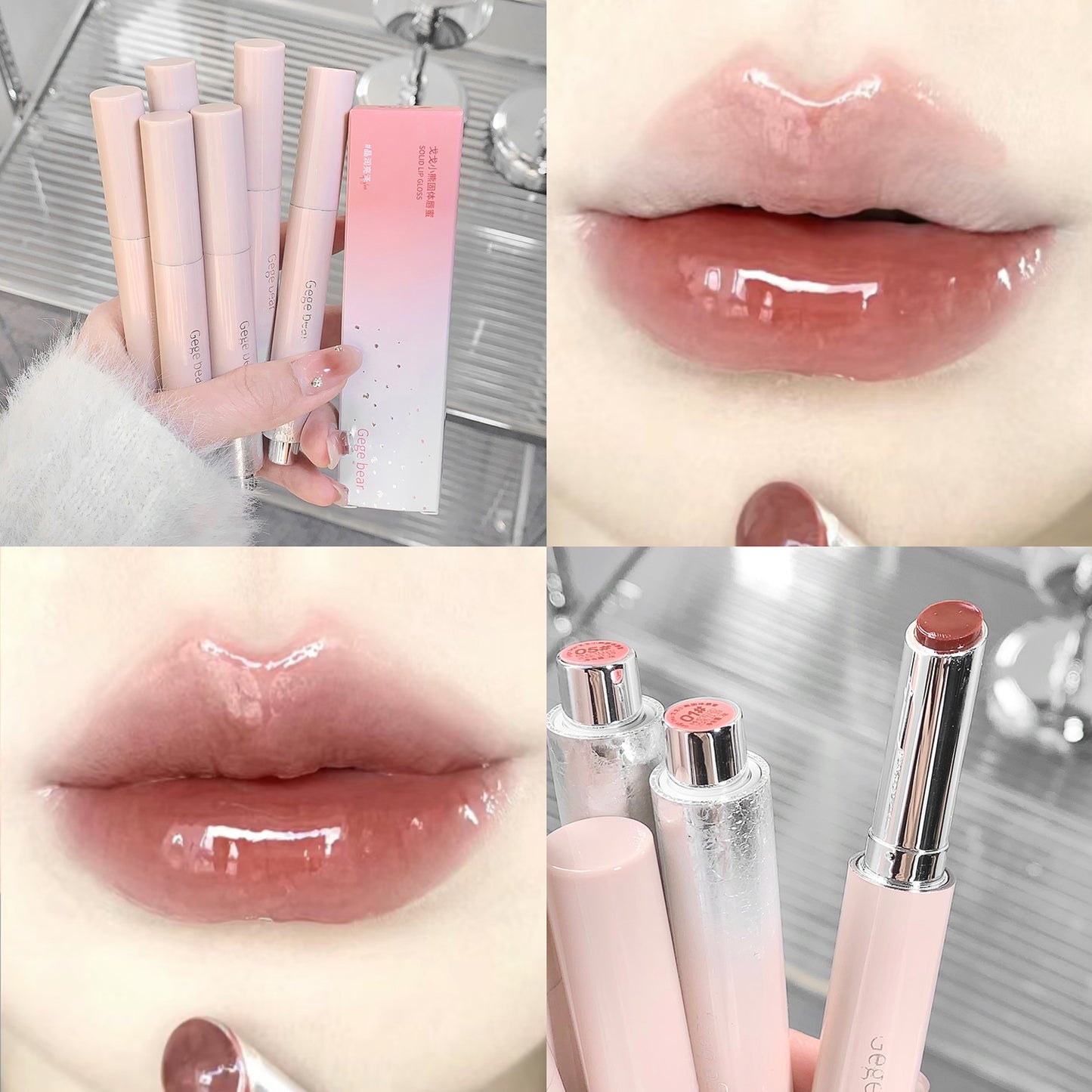 Collage of lipsticks and lips with a focus on a pink lipstick.