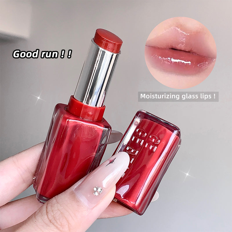 Red lipstick held by a hand with a close-up of lips labeled 'Moisturizing glass lips'.
