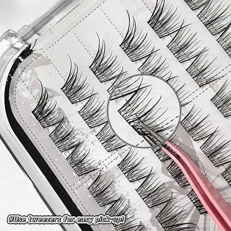 False eyelashes in a case with tweezers for easy application.
