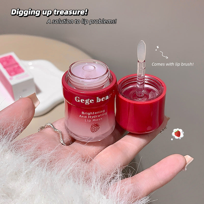Red lip mask with dropper labeled 'Gege bear' held in a hand, with text about lip problems and a lip brush.