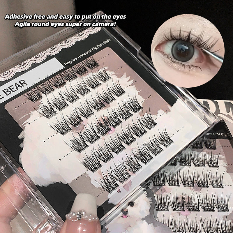 Eyelash packaging with a close-up of applied eyelashes on an eye, highlighting adhesive-free application.
