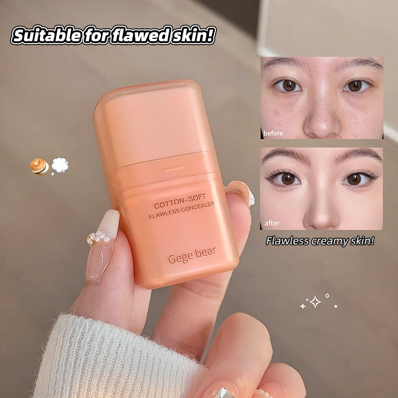 Cotton-soft flawless concealer held by a hand with a 'before' and 'after' skin comparison on a beige background.