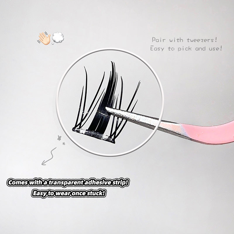 Hair extension with tweezers and adhesive strip on a light gray background