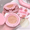 Pink compact powder with a mirror and cartoon design on a white background