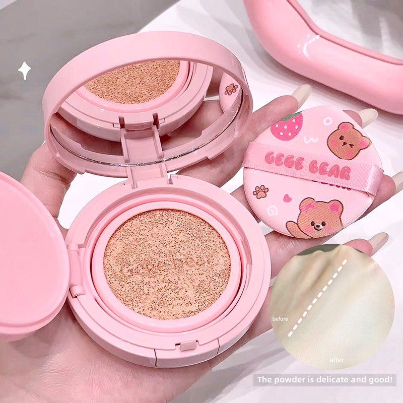 Pink compact powder with a mirror and cartoon design on a white background