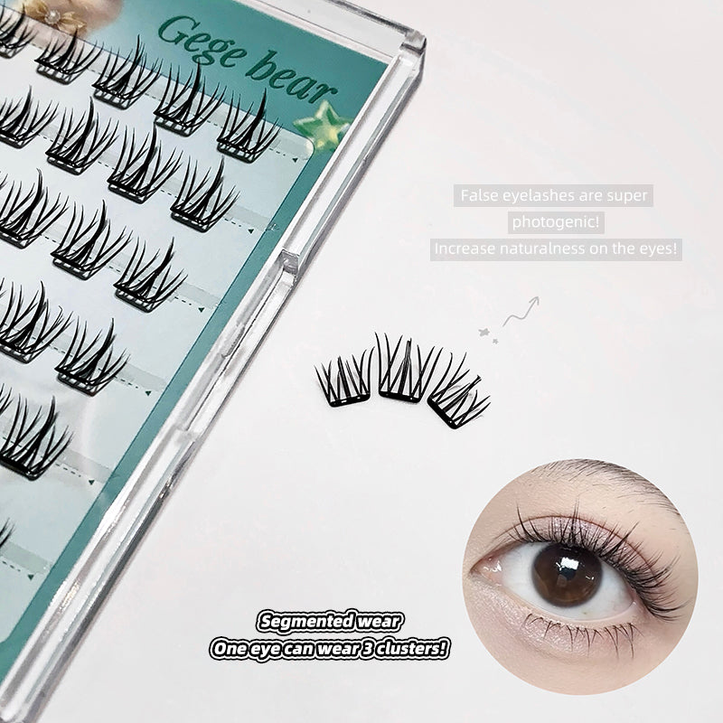 False eyelashes in packaging with an example worn on an eye, labeled 'Gege bear'.
