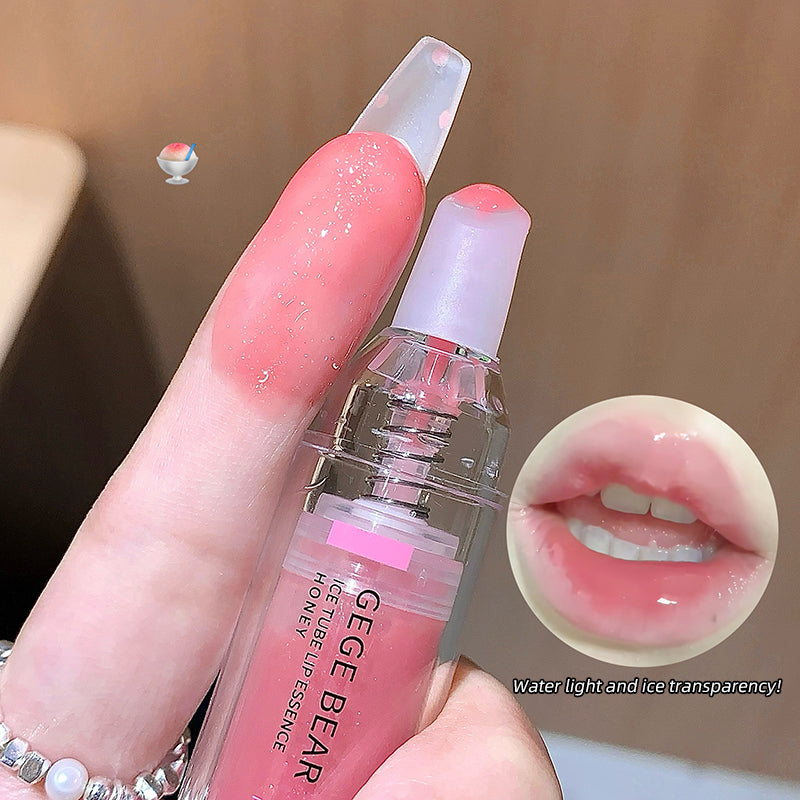 Lip balm with a close-up of lips wearing the product on a neutral background