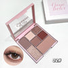 Makeup palette with eyeshadow shades and a close-up of an eye wearing the makeup.