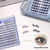 False eyelashes packaging with a sample on an eye and a basket of lashes.
