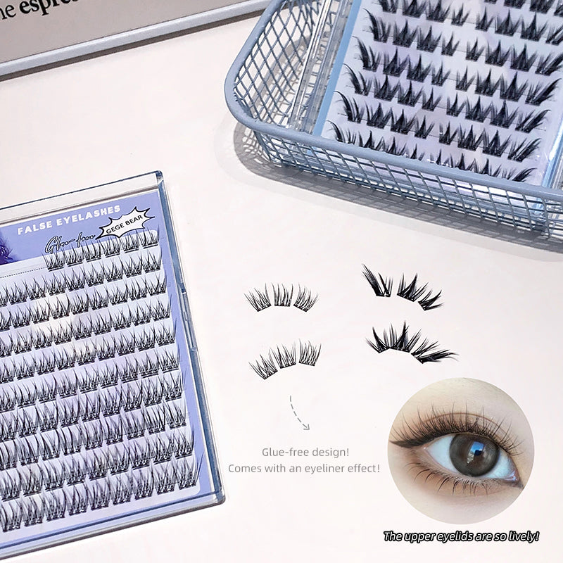 False eyelashes packaging with a sample on an eye and a basket of lashes.