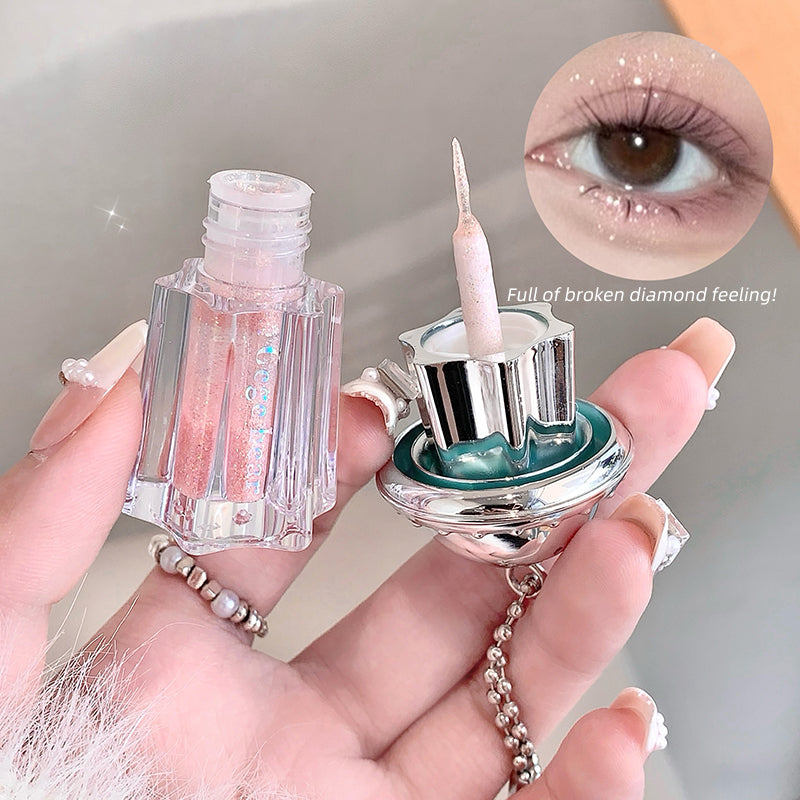 Clear nail polish bottle with a chain and close-up of a glittery eye color.