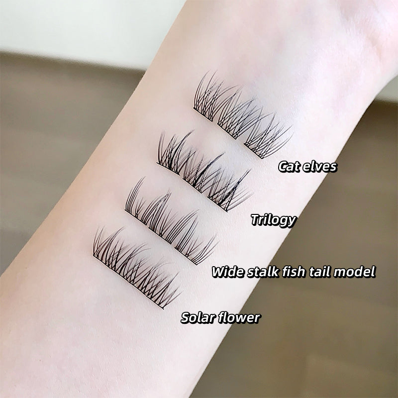 Eyelash styles labeled 'Cat elves', 'Trilogy', 'Wide stalk fish tail model', and 'Solar flower' on a person's arm.