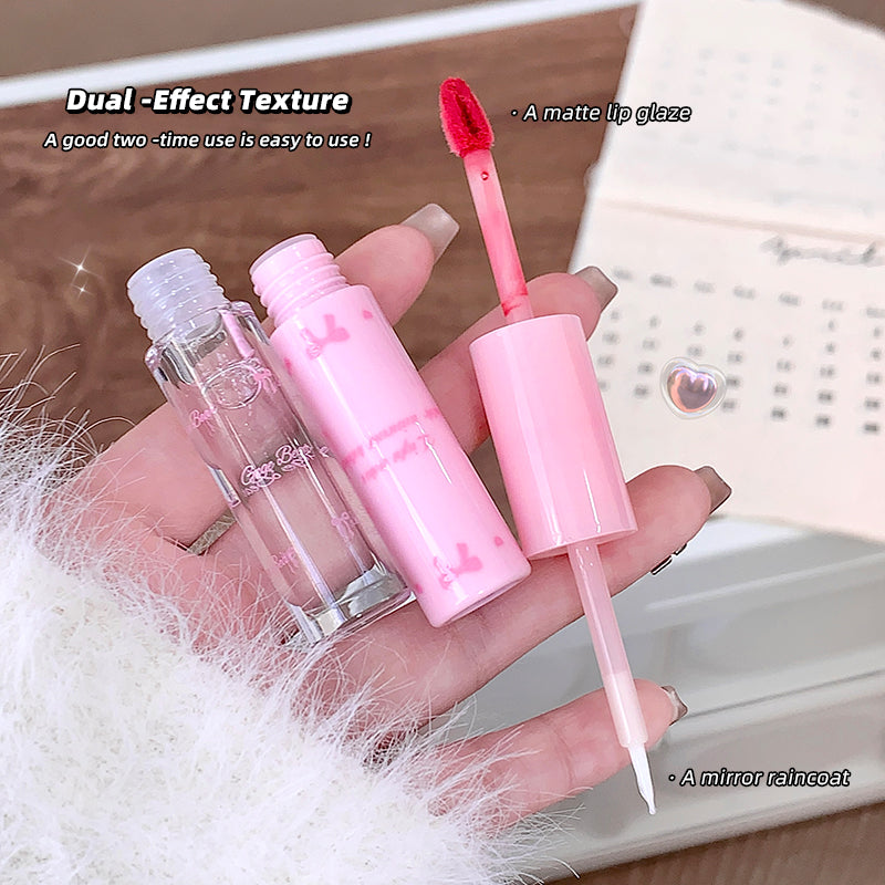 Pink lip gloss with applicator held in a hand, labeled 'Dual-Effect Texture' and 'A matte lip glaze'.