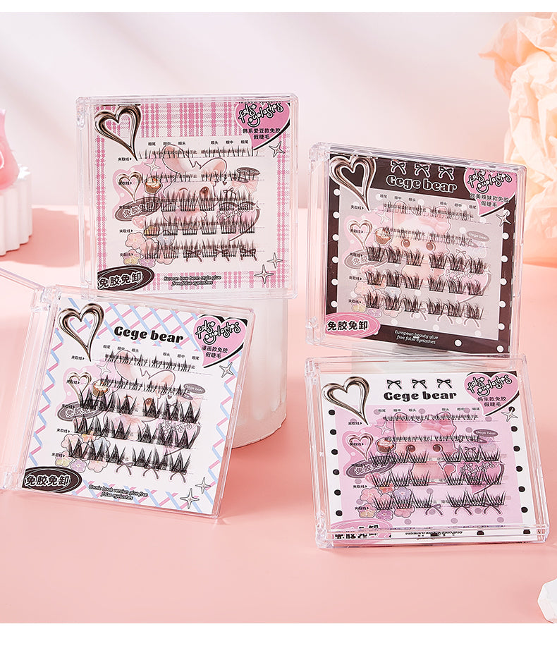 Set of false eyelashes in clear packaging with 'Gege bear' branding on a pink background.