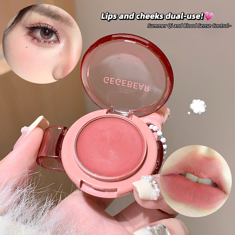 Compact blush with 'CECBEAU' branding, held by a hand, with close-ups of eyes and lips.