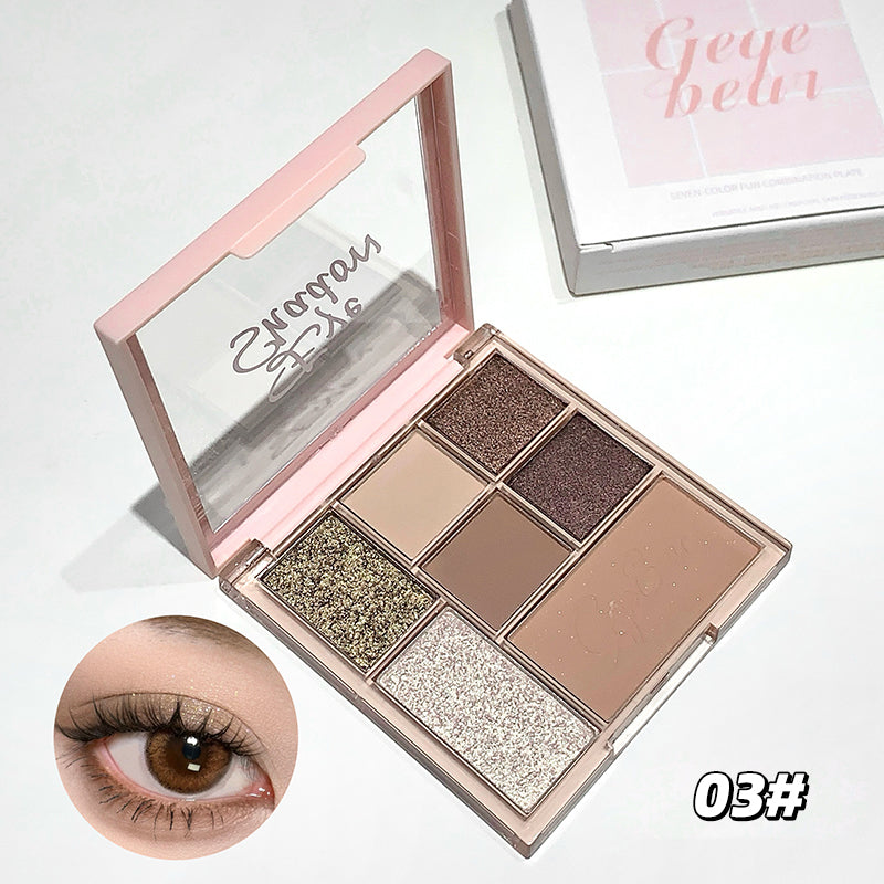 Makeup eyeshadow palette with six colors and a mirror, showing a close-up of an eye wearing the product.