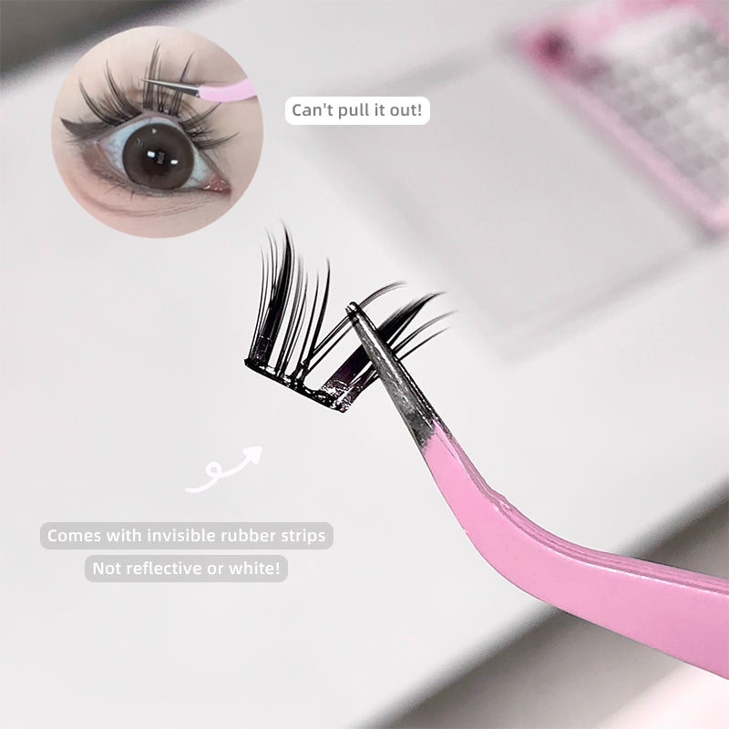 Eyelash extension tool with a close-up of an eye wearing false eyelashes, on a light gray background.