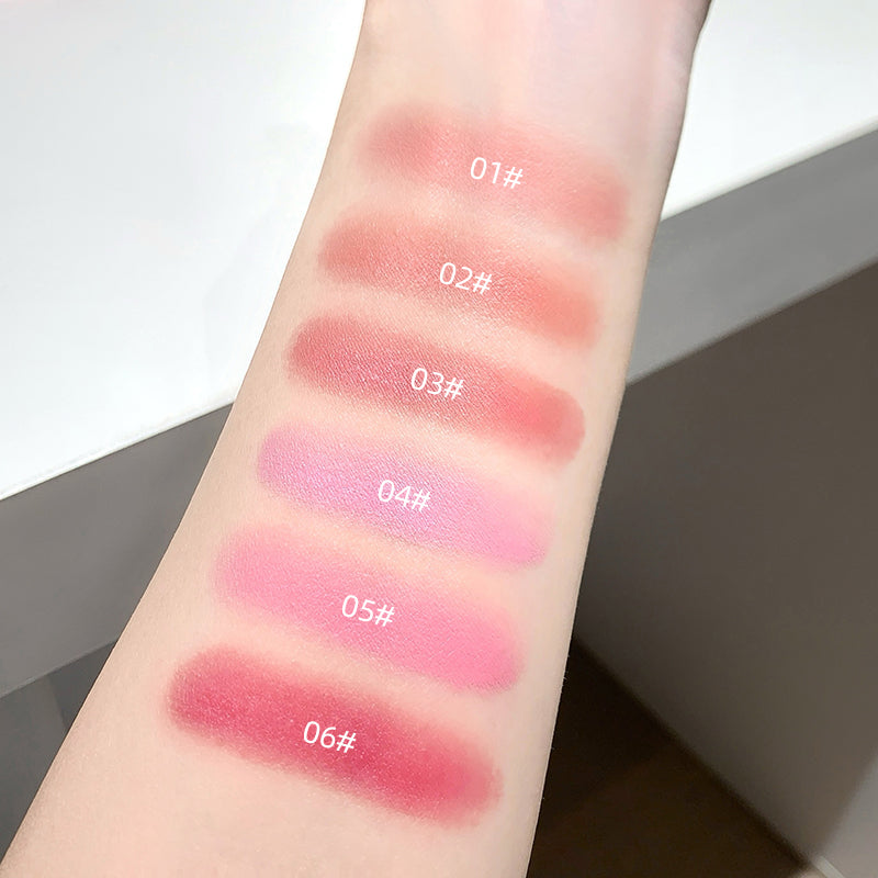 Lipstick swatches on a person's arm with color labels