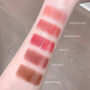 Lipstick swatches on a person's arm with color names and shades.