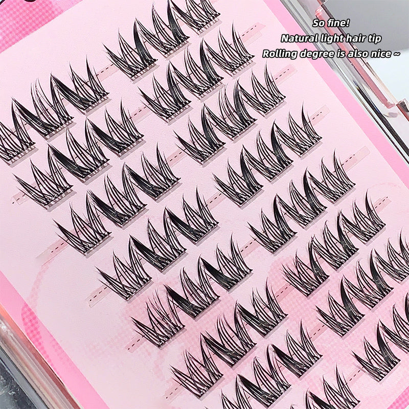 Multiple false eyelashes on a pink tray with text overlay