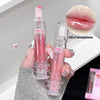 Two lip glosses held by a hand with a close-up of lips wearing the product.