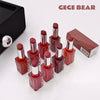 Red nail polish bottles with a black box and 'GEGE BEAR' branding on a white background