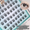 Set of false eyelashes with a close-up of an eye wearing them, on a white background.