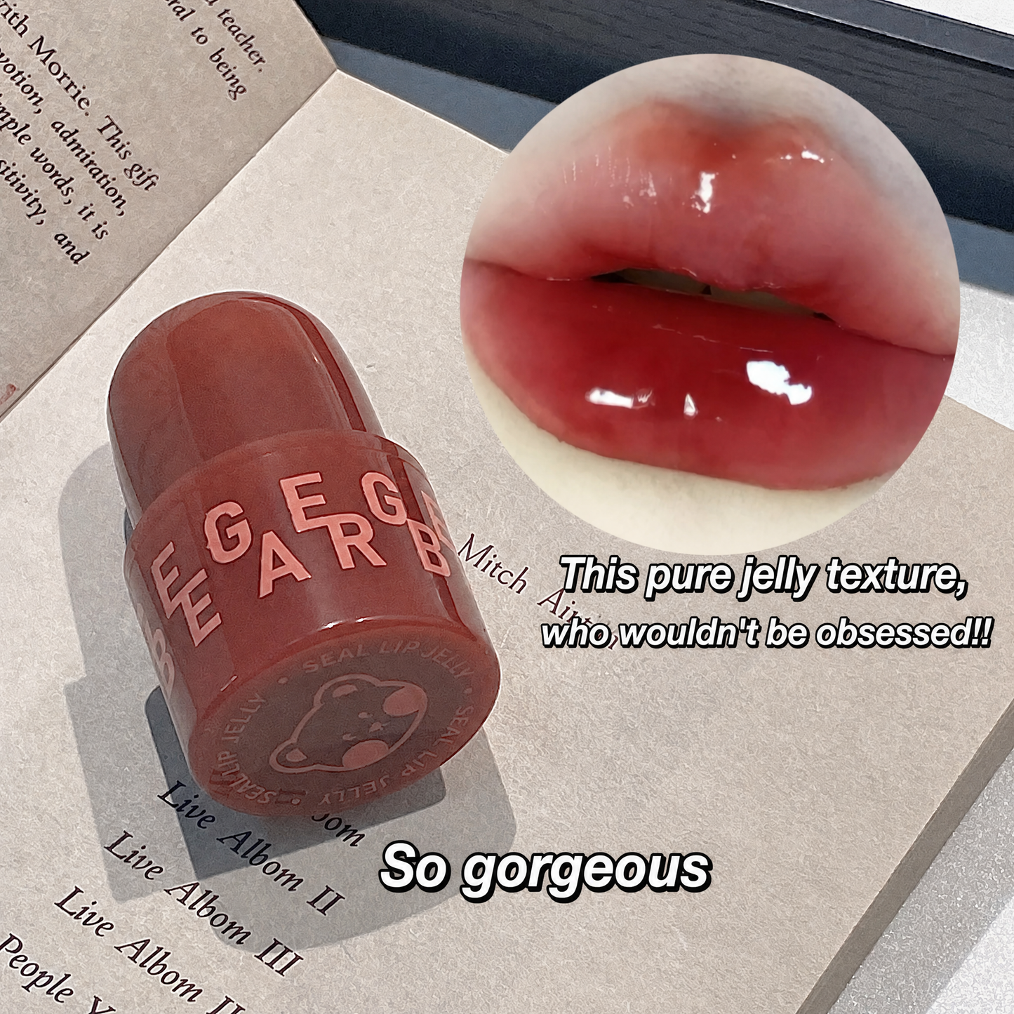 Lipstick with 'ELEGAR' branding and close-up of glossy lips on a textured surface.