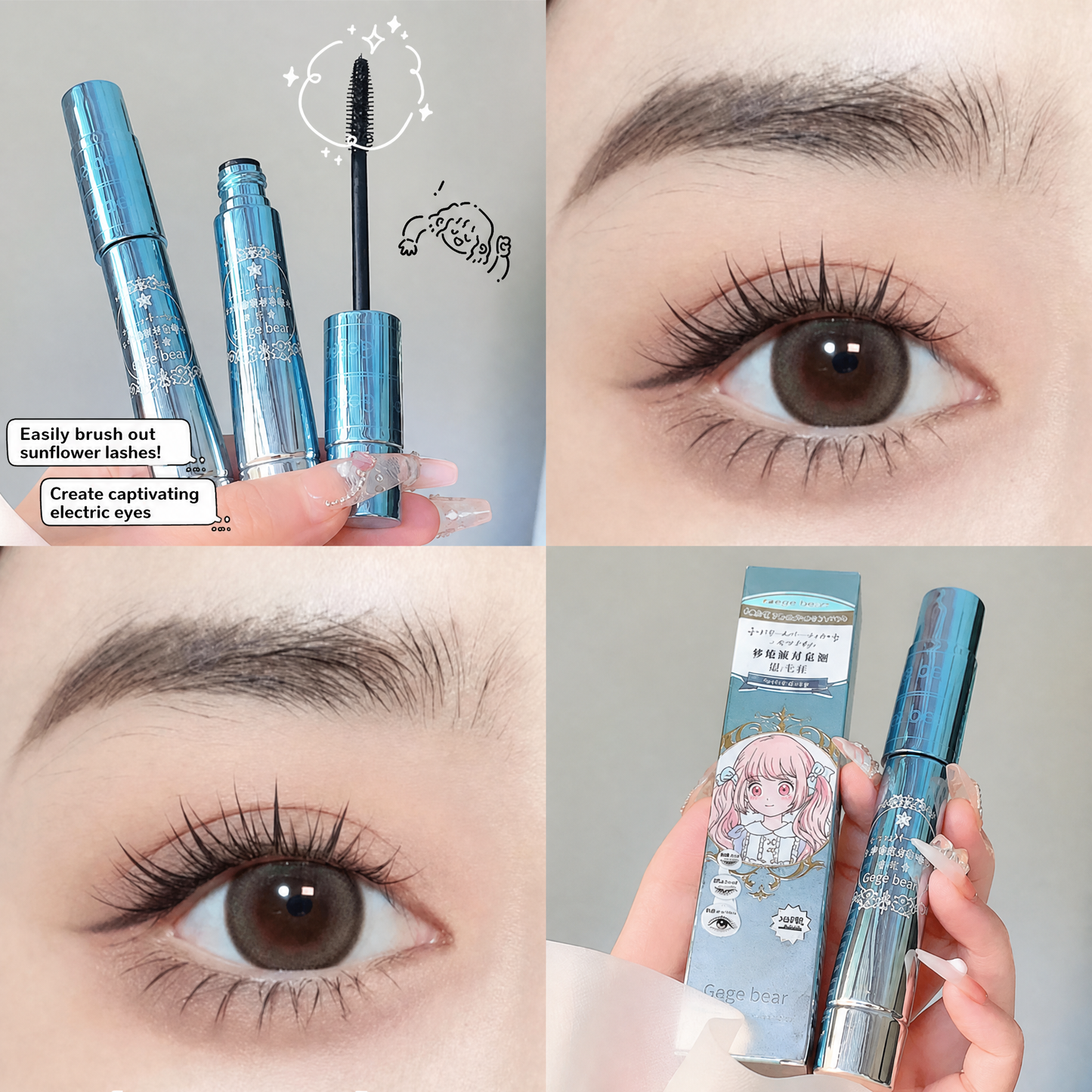 Collage of mascara with close-ups of eyes wearing the product and packaging.