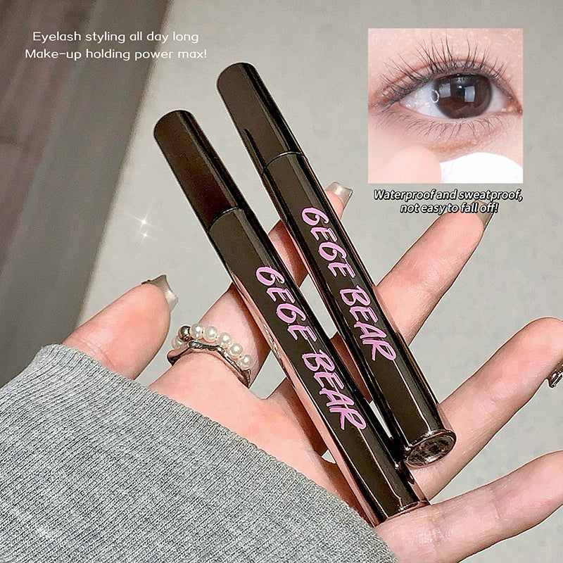 Two 'GEGE BEAR' eyelash products held in a hand with an inset of an eye wearing the product.